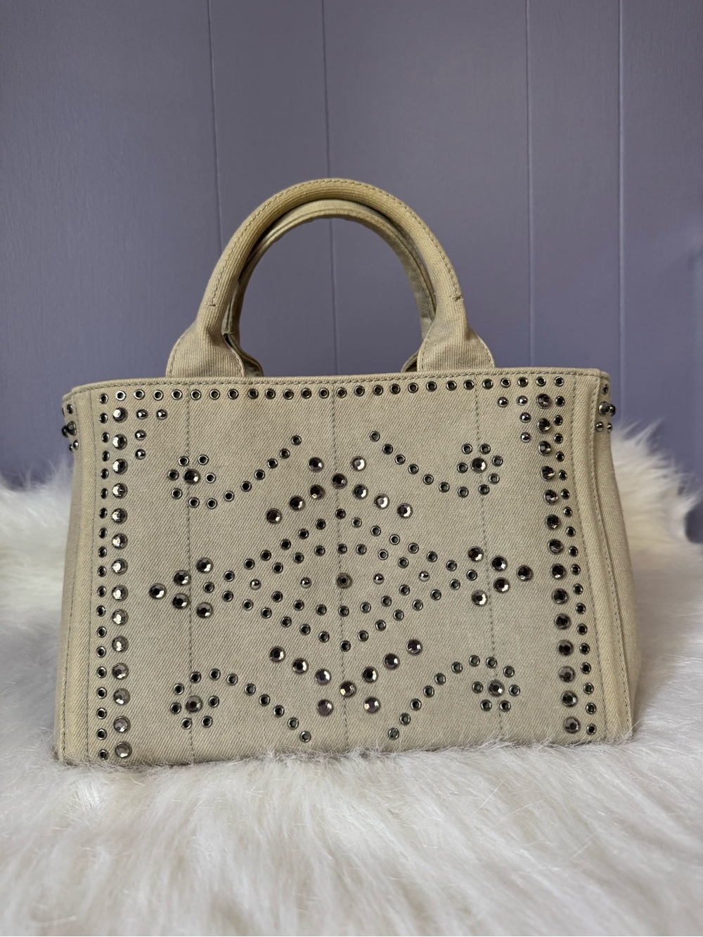 Prada Beige Canvas Studded Tote